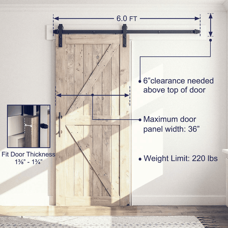 Sliding Barn Door Hardware Kit With Pine Wood Door 6 Ft I Shape (Whole Set)
