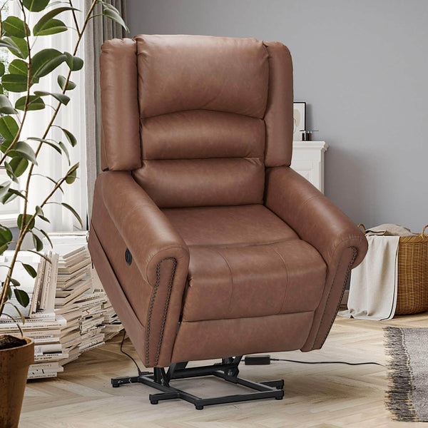 Power Lift Recliner Chair for Elderly, Faux Leather with Rivet Design Electric Recliner Chair with Heated Vibration Massage, Side Pockets & USB Port, Saddle Brown