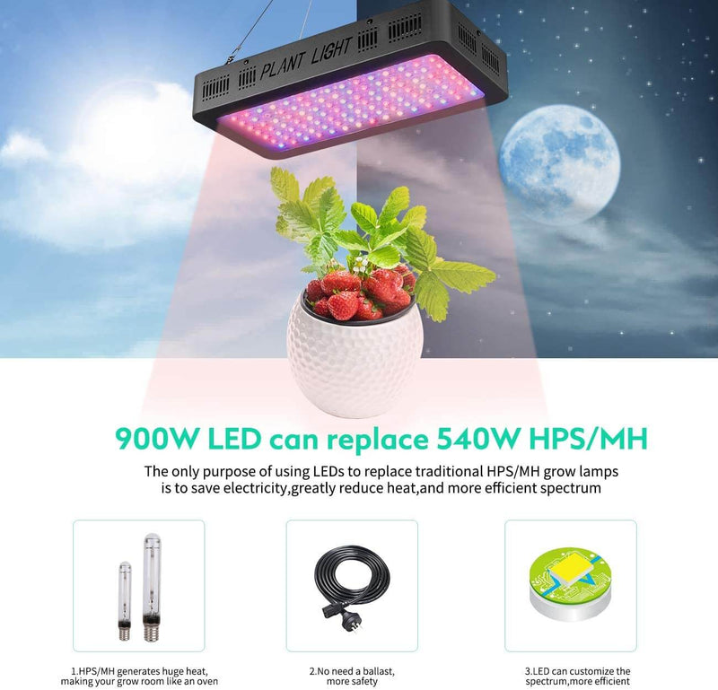 900W LED Plant Grow Lights for Indoor Plants Full Spectrum Dual-Chip with Daisy Chain & Thermometer Humidity Monitor