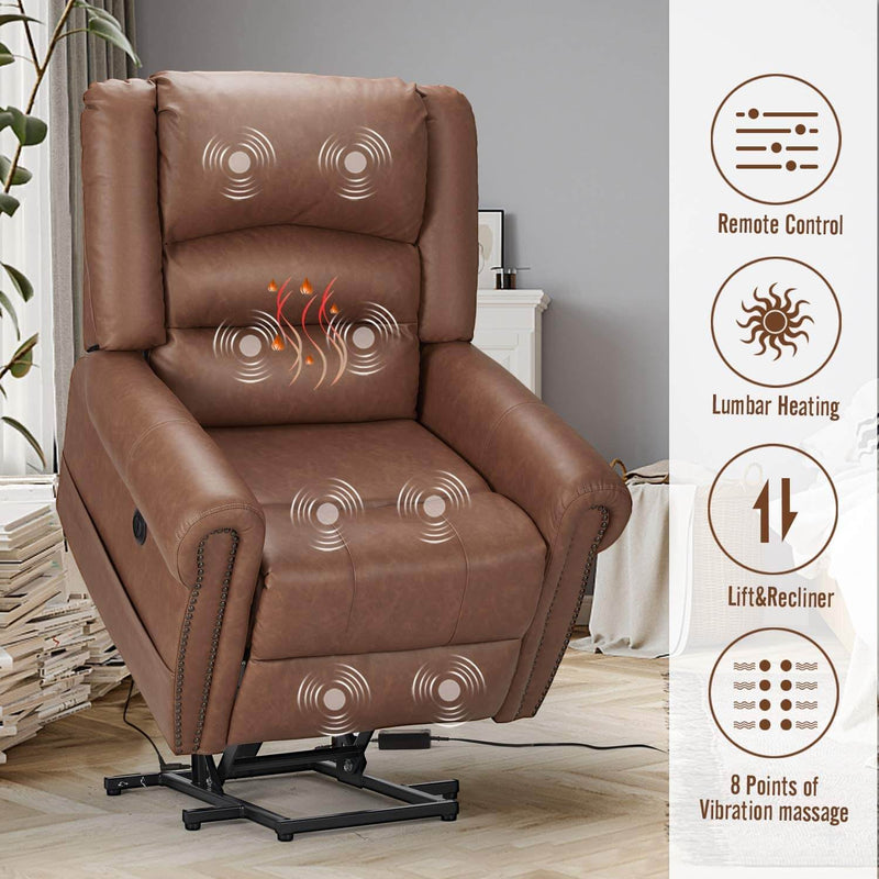 Power Lift Recliner Chair for Elderly, Faux Leather with Rivet Design Electric Recliner Chair with Heated Vibration Massage, Side Pockets & USB Port, Saddle Brown