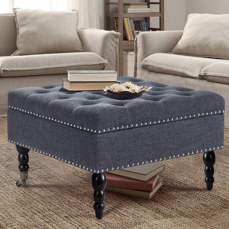 29 Square Tufted Button Storage Ottoman Table Bench with Rolling