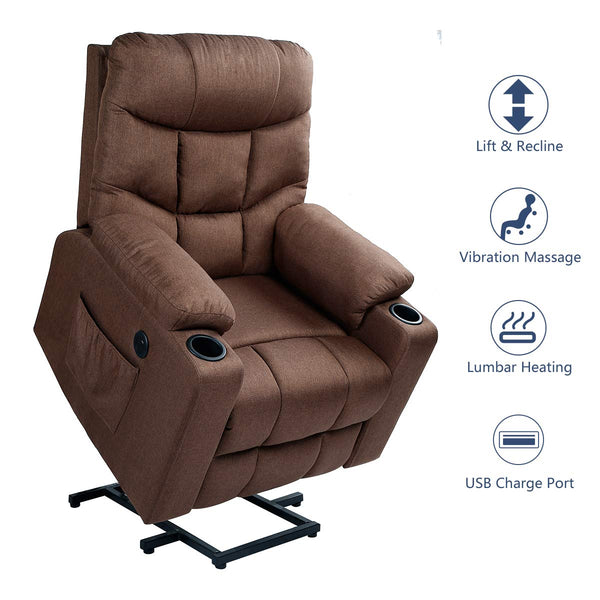 Power Lift Chair Electric Recliner for Elderly Heated Vibration Fabric Sofa Motorized Living Room Chair with Side Pocket and Cup Holders, Brown