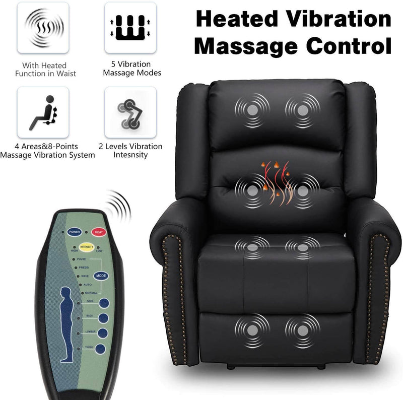 Power Lift Recliner Chair for Elderly, Faux Leather with Rivet Design Electric Recliner Chair with Heated Vibration Massage, Side Pockets & USB Port, Black