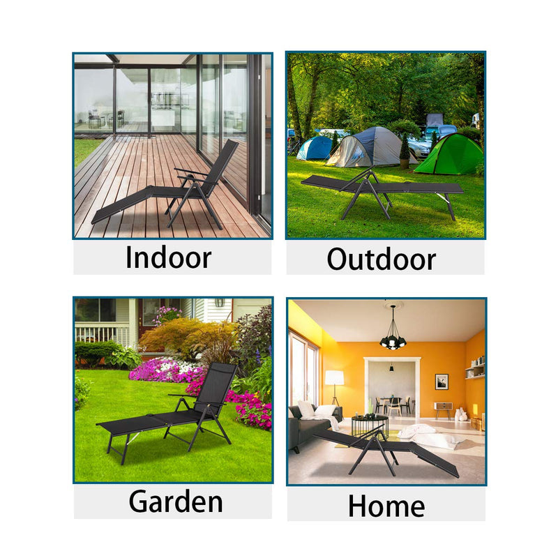 Outdoor Folding Textiline Reclining Chaise Lounge Chair Adjustable Positions (Black)