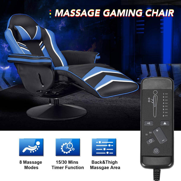 Gaming Chair Recliner Ergonomic Racing Chair with Vibration Massage Adjustable Backrest and Footrest, Swivel Faux Leather Office Chair, Blue