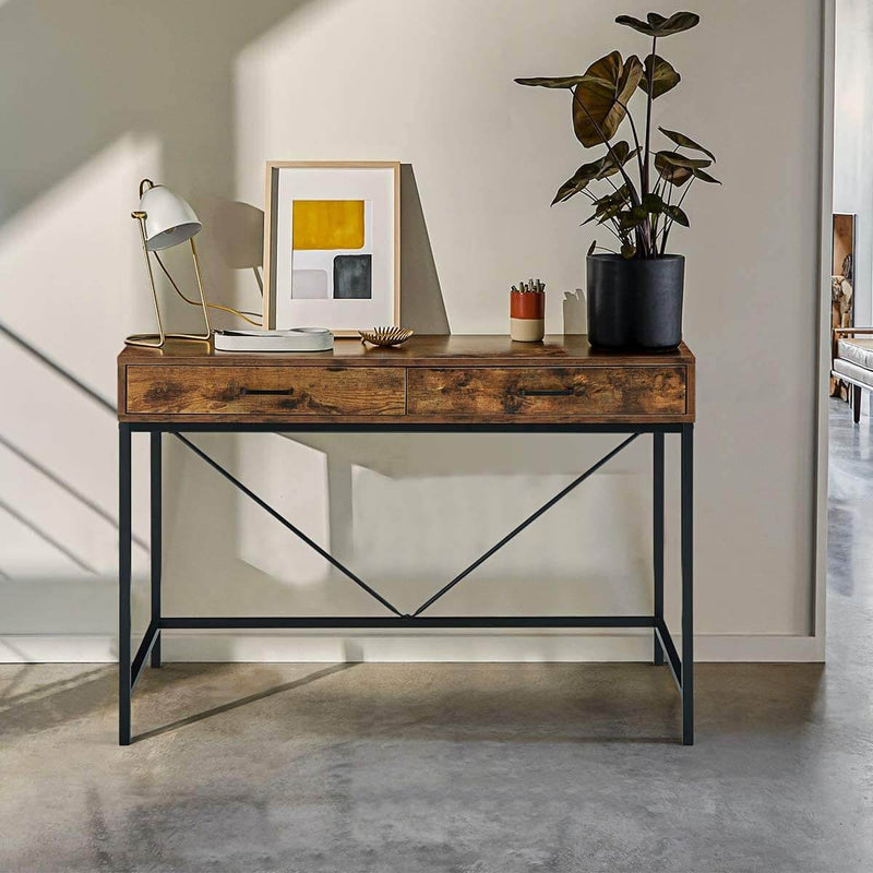 Industrial Computer Desk, Writing Study Table with 2 Drawers,Notebook PC Workstation,Wood Desktop Black Steel Frame, for Home,Office