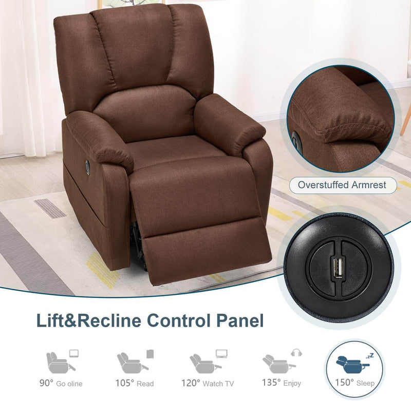 Electric Power Lift Recliner Chair Sofa with Massage and Heat for Elderly, Microfiber Recliner Chair with Side Pockets & USB Port, Brown