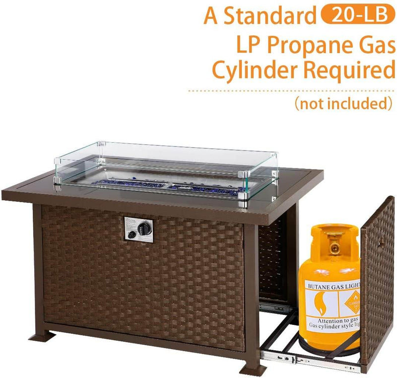 44in Propane Gas Fire Pit Table, Auto-Ignition Gas Firepit with Glass Wind Guard, Black Tempered Glass Tabletop & Blue Glass Stone, Brown Rattan