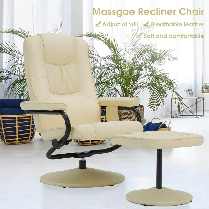Recliner Chair and Ottoman, 360 Degrees Swivel Ergonomic Faux Leather Lounge Recliner with Footrest, Vibration Massage Lounge Chair with Side Pocket, Cream White
