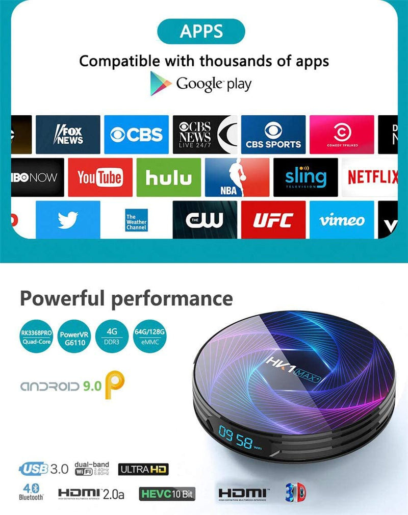 Smart TV Box,Android 9.0 TV Box Smart Player 4GB RAM 64GB ROM 3D/ 8K Ultra HD/H.265/2.4GHz WiFi/USB 3.0/ Android Media Box