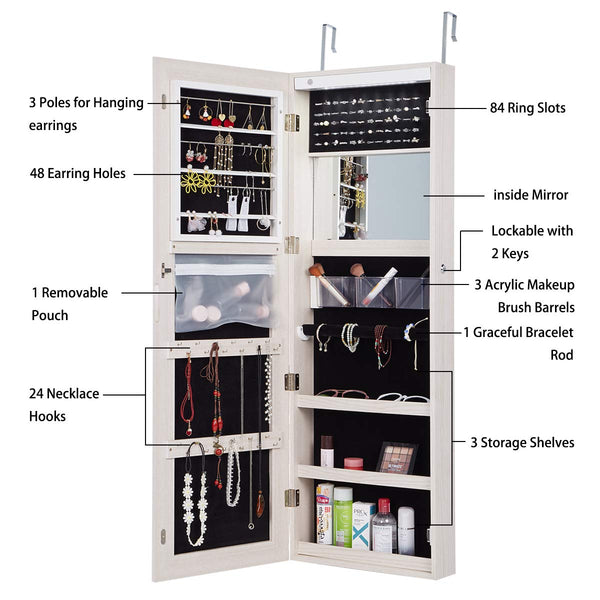 Lockable Design Jewelry Armoire, Frameless Full Length Mirror with LED Light Strip (Wall-Mounted)