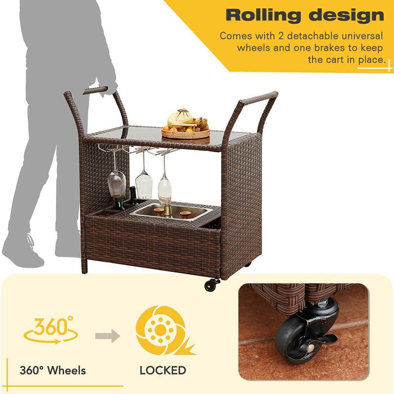 Outdoor Wicker Bar Cart Patio Serving Counter Table w/ Removable 12L Ice bucket, Glass Top, Wine Rack & Wheels