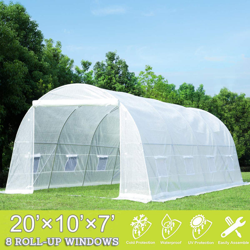 20' x 10' x 7' Tunnel Greenhouse Walking in Greenhouse, Large Grow Greenhouse Plant Hot House, White