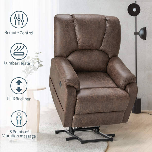 Electric Power Lift Recliner Chair Sofa with Massage and Heat for Elderly, Faux Leather Recliner Chair with Side Pockets & USB Port, Nut Brown