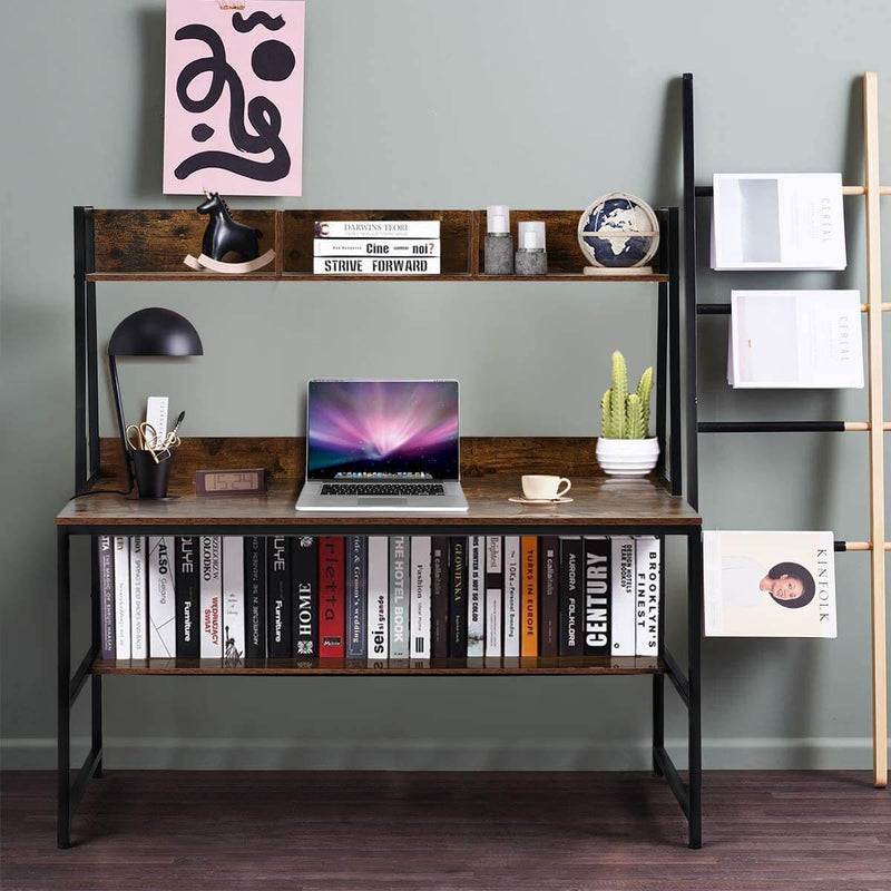 55'' Computer Desks Writing Study Table with Hutch & Bookshelf, Rustic Brown