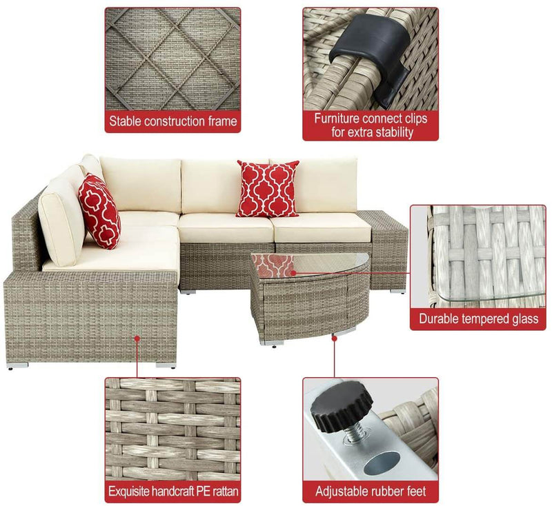 6 Pcs Outdoor Patio Sectional Furniture Set, PE Rattan All Weather Wicker Sofa Set with Cushions Arc-Shaped Table, Gray