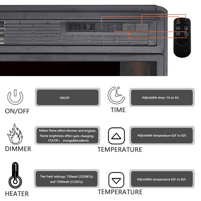 28"Electric Fireplace Insert, Recessed Mounted Electric Fireplace Heater with Remote Control,Black