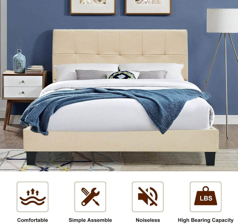 Platform Bed Frame, Full Size Linen Fabric Bed Frame with Wood Slats Support, Upholstered Platform Bed Mattress Foundation,Easy Assembly (Full Size/Beige)