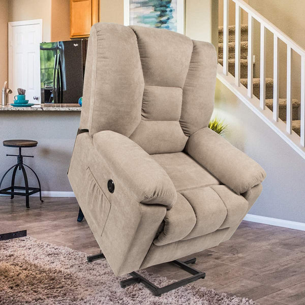 Microfiber Power Lift Electric Recliner Chair with Heated Vibration Massage Sofa Fabric Living Room Chair with 2 Side Pockets, USB Charge Port & Massage Remote Control, Beige Gray