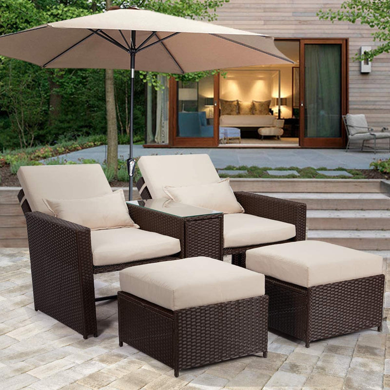 5 Pcs Outdoor Furniture Sets PE Wicker Rattan Chair Recliner with Ottoman and Table