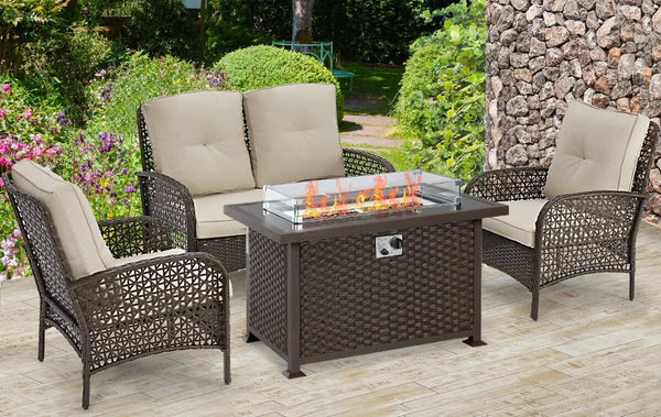 4 Pcs Outdoor Patio Furniture Sets Rattan Sofa Chair Wicker Set, Deck Furniture Set with Firepit Table, Brown
