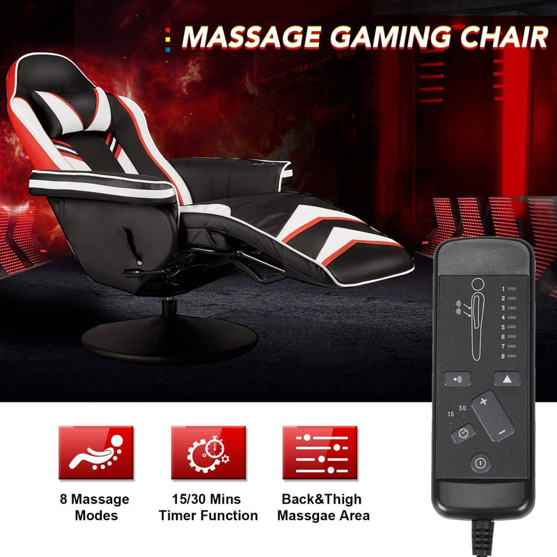 Gaming Chair Recliner Ergonomic Racing Chair with Vibration Massage Adjustable Backrest and Footrest, Swivel Faux Leather Office Chair, White