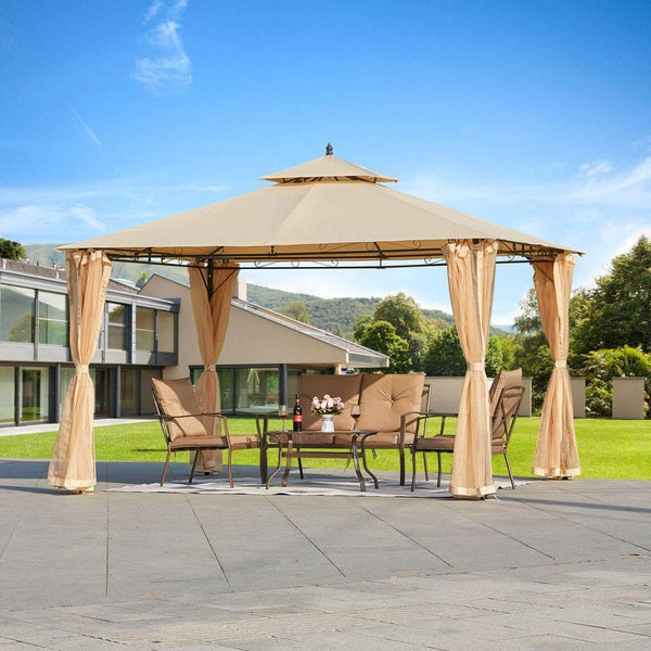 10 x 12 FT Double-Roof Softtop Gazebo Canopy, Outdoor Steel Frame Gazebo with Mosquito Netting, Beige