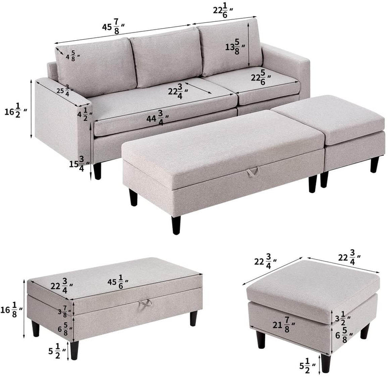 Sectional Sofa with Ottoman and Chaise Lounge, 3-Seat Living Room Furniture Sets, L-Shape Couch Sofa for Living Room,Light Gray