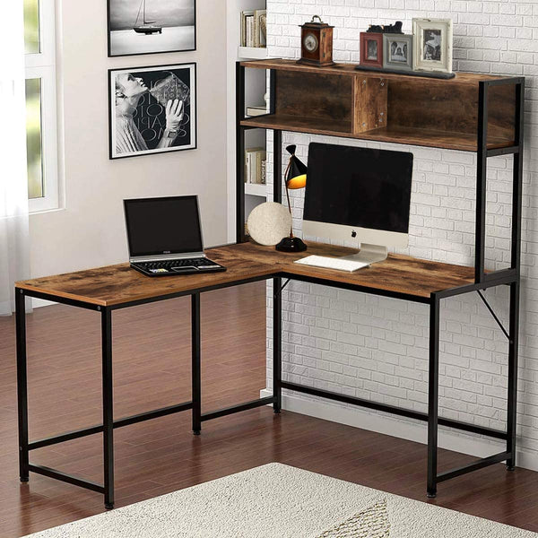 Computer Desk with Hutch Space-Saving Corner Desk with Storage Shelves 55 Inch L-Shaped
