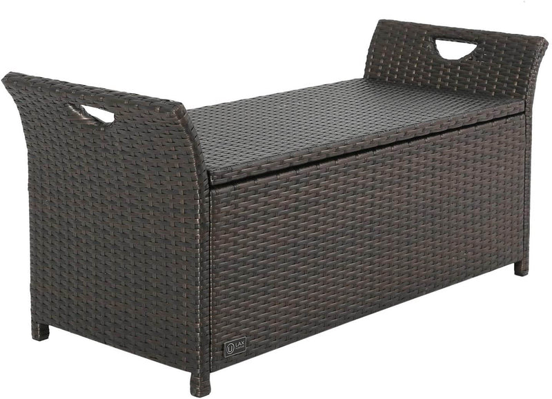 Outdoor Storage Bench with Wing Handles, Rattan Style Deck Box with Red Cushion