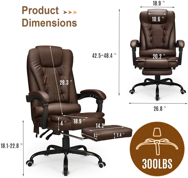 Reclining Leather Office Chair with Retracable Footrest, Ergonomic High Back Executive Adjustable Office Chair (Brown)