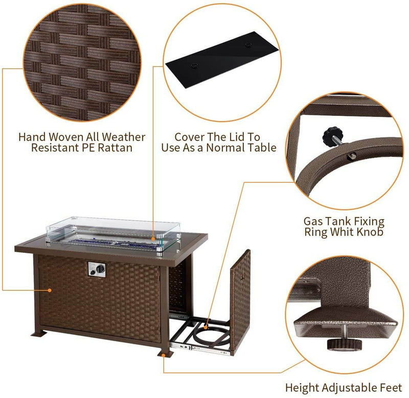 44in Propane Gas Fire Pit Table, Auto-Ignition Gas Firepit with Glass Wind Guard, Black Tempered Glass Tabletop & Blue Glass Stone, Brown Rattan
