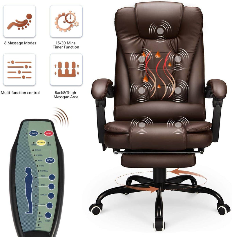 Reclining Leather Office Chair with Retracable Footrest, Ergonomic High Back Executive Adjustable Office Chair (Brown)