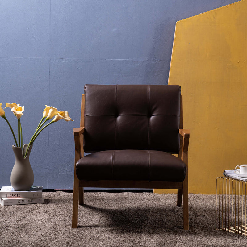 Mid-Century Modern Accent Armchair Solid Hardwood Upholstered Linen Lounge Chair, Suede Brown