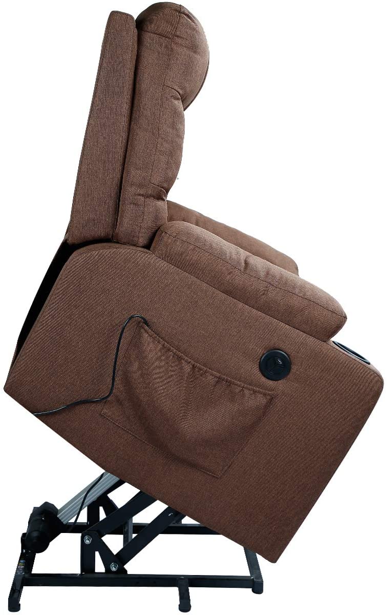 Power Lift Chair Electric Recliner for Elderly Heated Vibration Fabric Sofa Motorized Living Room Chair with Side Pocket and Cup Holders, Brown