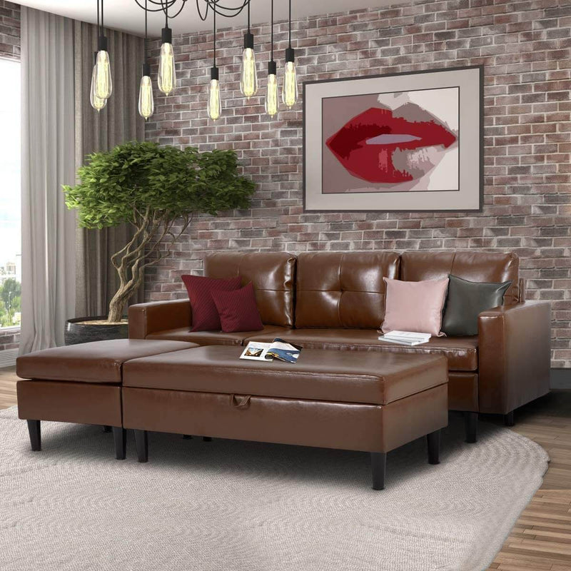 Small Faux Leather Sectional Sofa with Storage Ottoman and Chaise Lounge, 3-Seat Living Room Furniture Sets for Small Apartment, Dark Brown