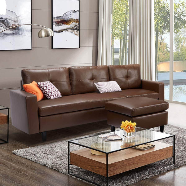 Faux Leather Sectional Sofa Convertible Couch Brown Leather L-Shape Couch for Small Space Apartment