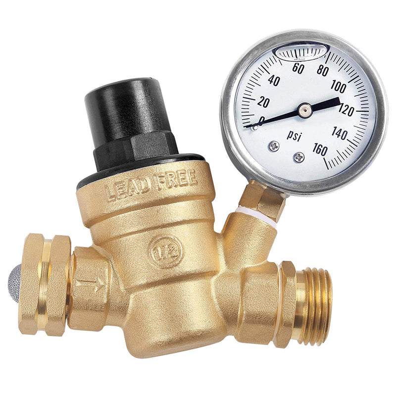 Water Pressure Regulator Brass Lead Free, NH Thread for RV, Adjustable Plumbing with Guage