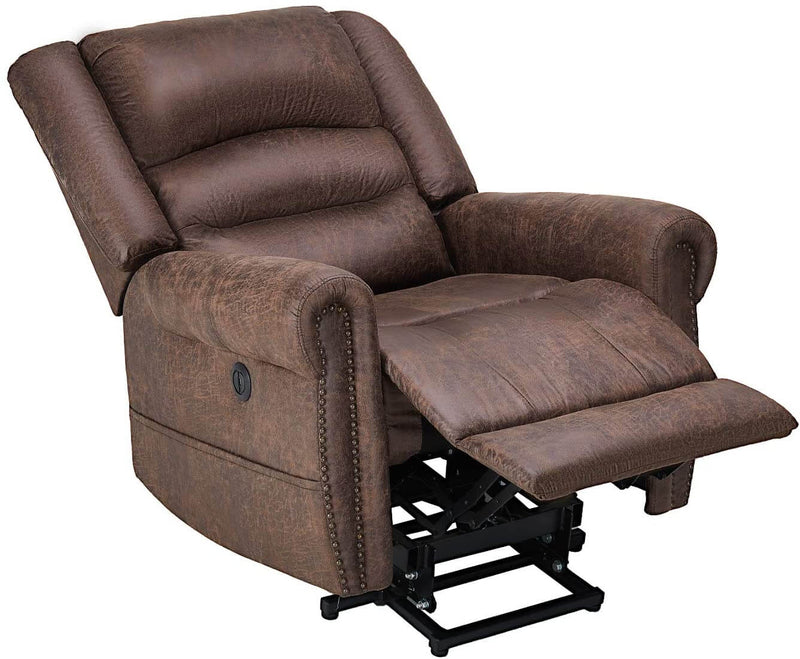 Power Lift Recliner Chair for Elderly, Faux Leather with Rivet Design Electric Recliner Chair with Heated Vibration Massage, Side Pockets & USB Port, Nut Brown