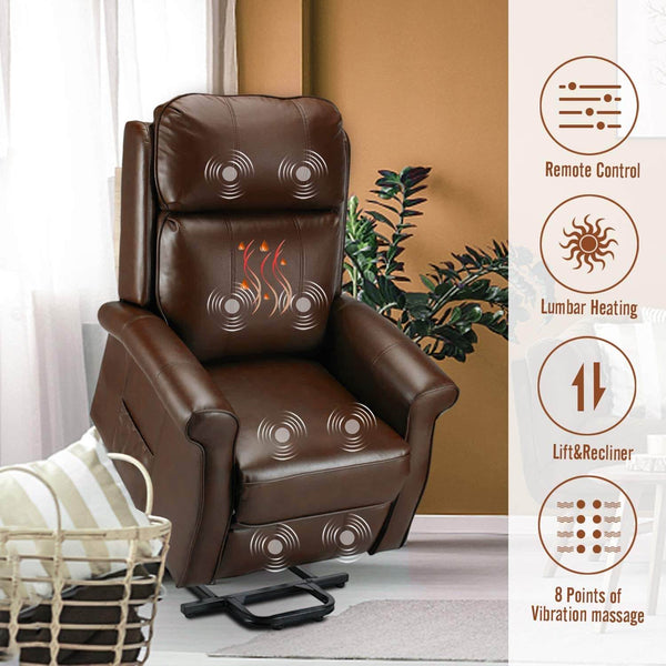 Electric Power Lift Recliner Chair, Faux Leather Electric Recliner for Elderly with Heated Vibration Massage, Side Pocket & Remote Control, Brown