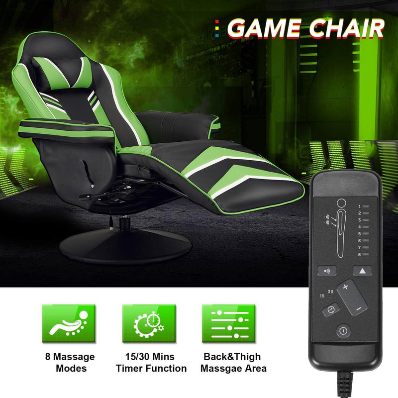 Gaming Chair Recliner Ergonomic Racing Chair with Vibration Massage Adjustable Backrest and Footrest, Swivel Faux Leather Office Chair, Green