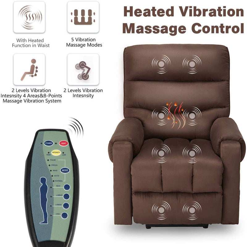 Electric Power Lift Recliner Chair Recliner Sofa for Elderly, Microfiber Recliner Chair with Heated Vibration Massage, 2 Side Pockets and USB Ports, Brown