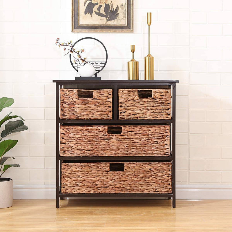 3 Tier with 4 Rattan Wicker Basket Storage Tower, Water Hyacinth Storage Tower Beside Table Storage Organizer End Table for Bathroom