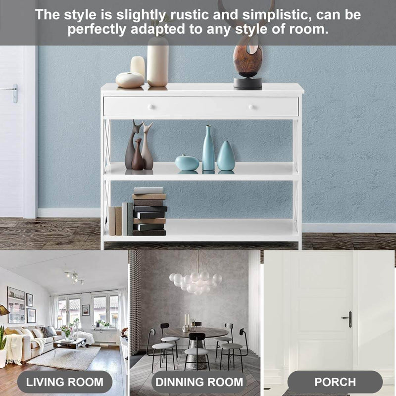 Console Table Sofa Table Entryway Table 3 Tiered Sofa Table Classic X Design with Drawer, Entryway Hall Table, Narrow Easy Assembly White