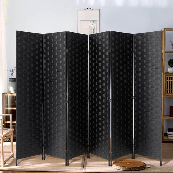 6 Panels Room Divider, 6 FT Tall Weave Fiber Room Divider, Double Hinged Folding Privacy Screens, Freestanding Room Dividers, Black