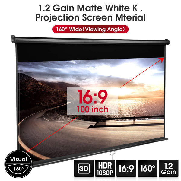 Homhum 1.2 Gain Projector Screen Manual Pull Down 100 inch 16:9 Projection Movies Screens 4K HD 1080P Wrinkle-Free for Home Theater School Office Indoor