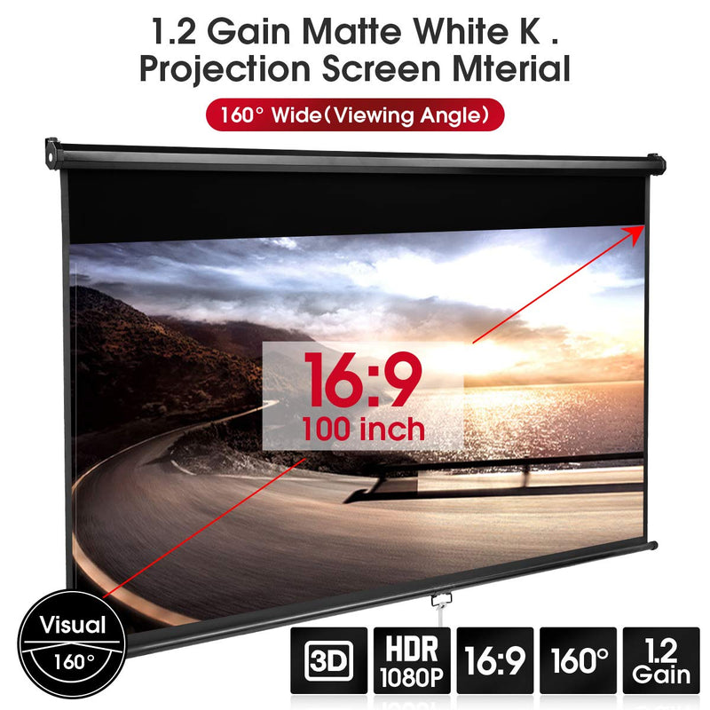 Homhum 1.2 Gain Projector Screen Manual Pull Down 100 inch 16:9 Projection Movies Screens 4K HD 1080P Wrinkle-Free for Home Theater School Office Indoor