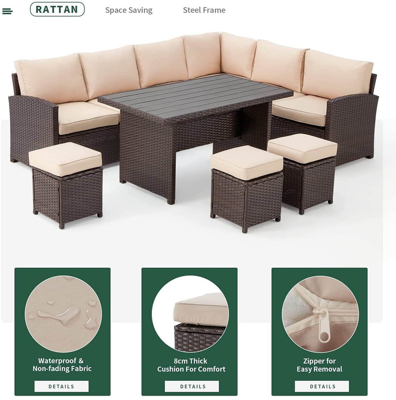7 Pcs Patio Sectional Dining Set All Weather Outdoor Rattan Furniture w/ Ottoman, Cushion