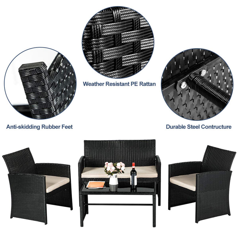 4-Piece Wicker Outdoor Patio Furniture Sets Rattan Patio Conversation Furniture Sets Wicker Chair Set with Cushion for Porch Garden Poolside with Coffee Table, Black