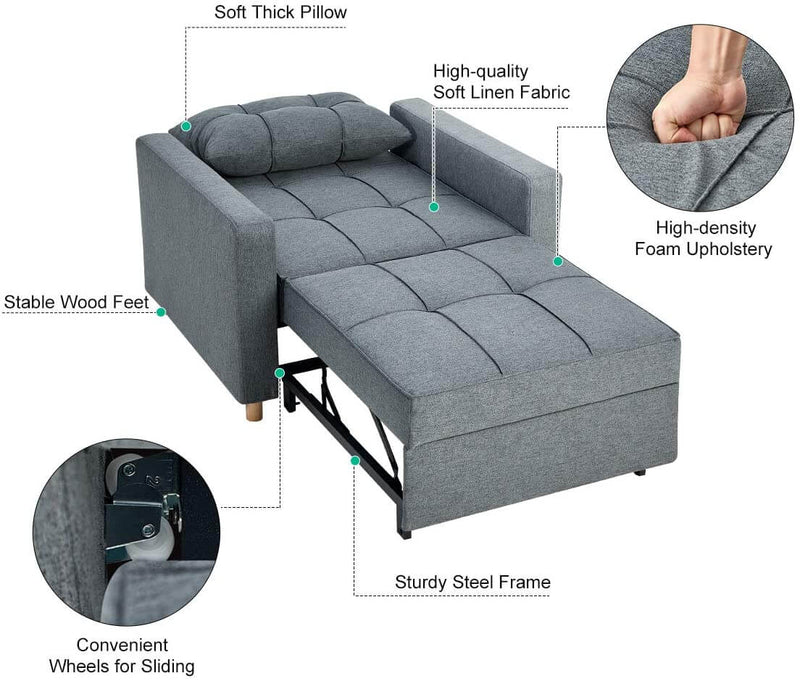 Sofa Bed 3-in-1 Convertible Chair Multi-Functional Adjustable Recliner, Sofa, Bed, Modern Linen Fabric, Dark Gray